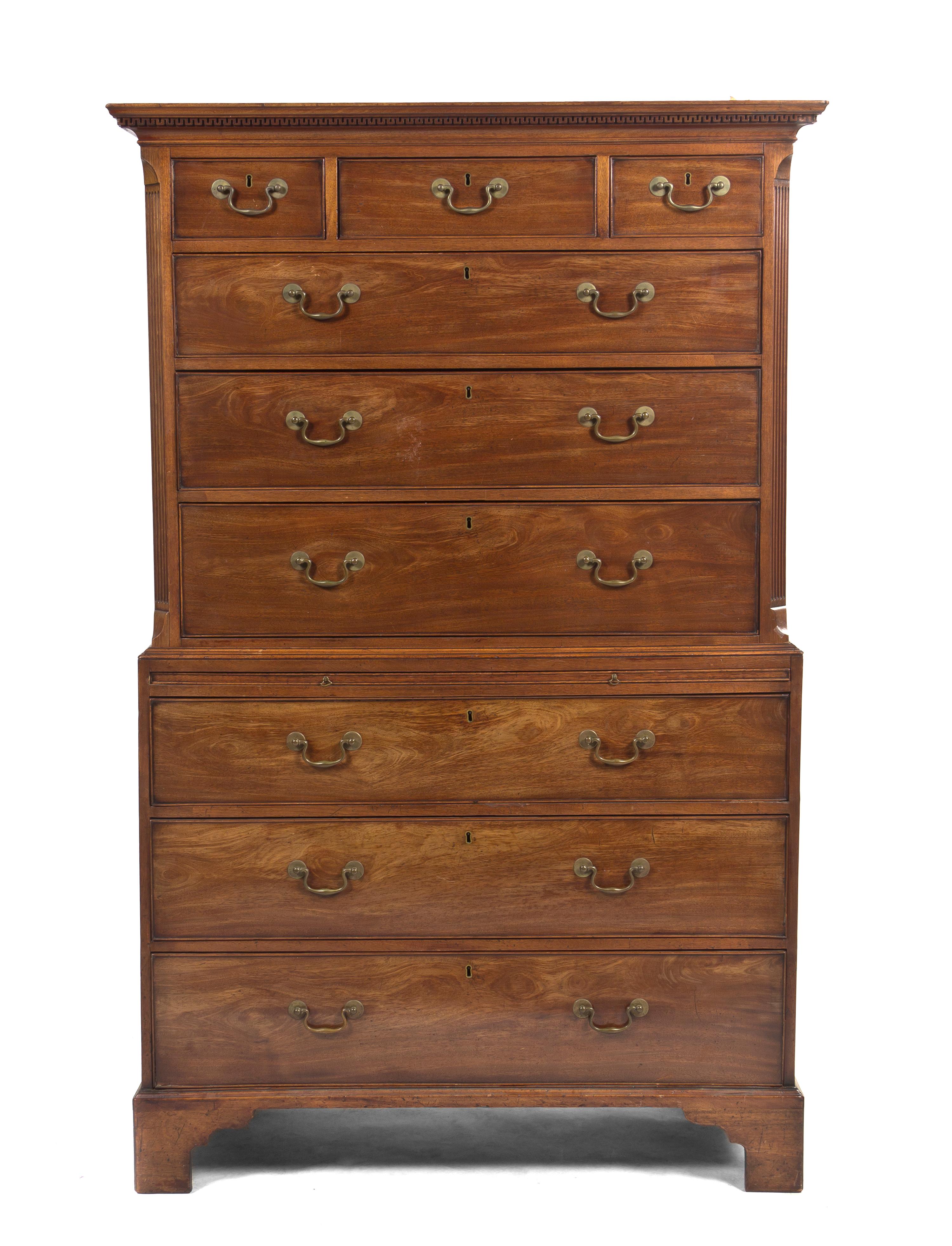 A George III Mahogany Chest on Chest, Height 69 x width 44 x depth 21 1/2 inches.
