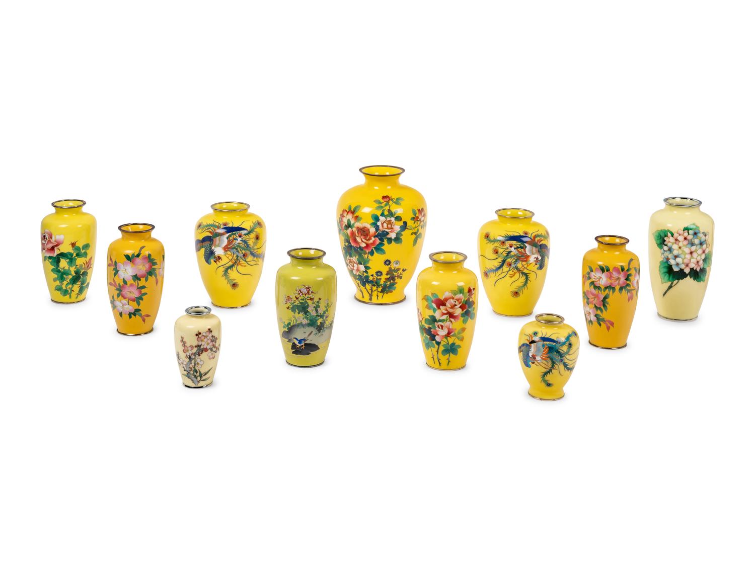 11 Japanese Yellow Ground Cloisonné Enamel and Embossed Foil 'Ginbari' Vases