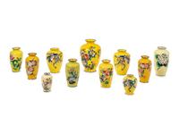 11 Japanese Yellow Ground Cloisonné Enamel and Embossed Foil 'Ginbari' Vases