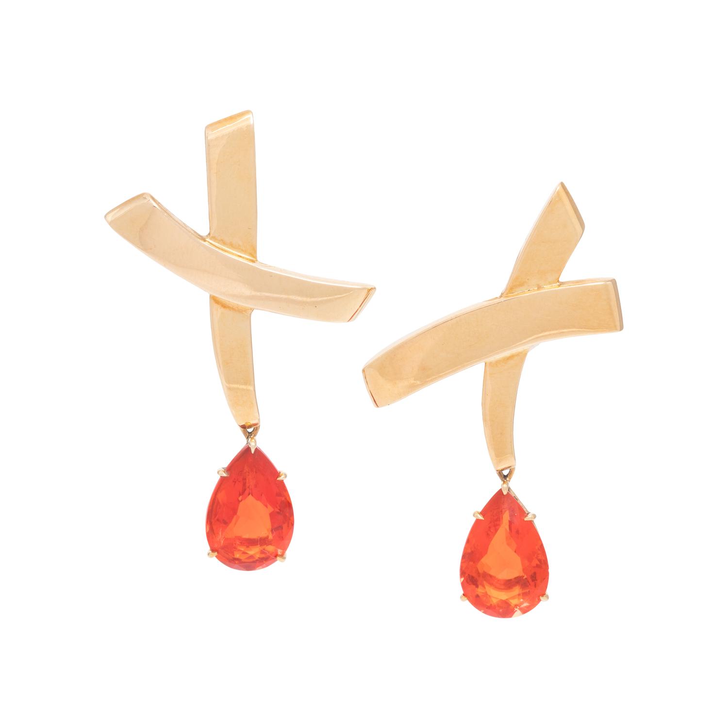TIFFANY & CO., PALOMA PICASSO, YELLOW GOLD AND FIRE OPAL 'X' EARCLIPS