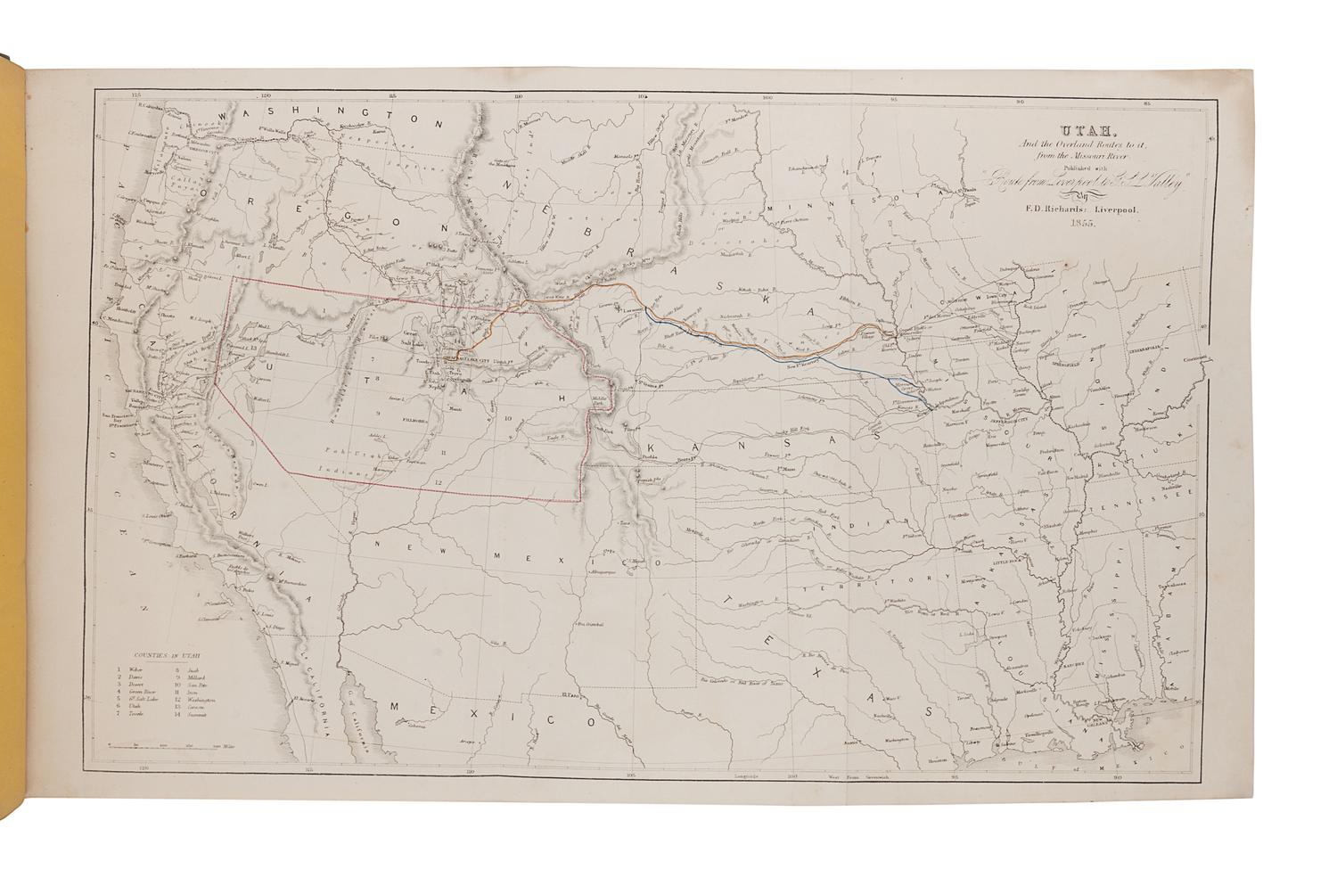 [MORMONISM]. LINFORTH, James (1827-1899), editor. -- PIERCY, Frederick H. (1830-1891), illustrator. Route from Liverpool to Great Salt Lake Valley... Together With a Geographical and Historical Description of Utah, and a Map of the Overland Routes to that Territory, from Missouri River . Liverpool: Franklin D. Richards; London: Latter-Day Saints' Book Depot, 1855.