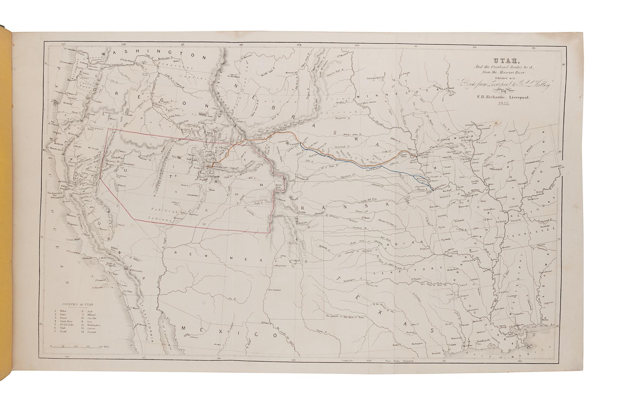 [MORMONISM]. LINFORTH, James (1827-1899), editor. -- PIERCY, Frederick H. (1830-1891), illustrator. Route from Liverpool to Great Salt Lake Valley... Together With a Geographical and Historical Description of Utah, and a Map of the Overland Routes to that Territory, from Missouri River . Liverpool: Franklin D. Richards; London: Latter-Day Saints' Book Depot, 1855.