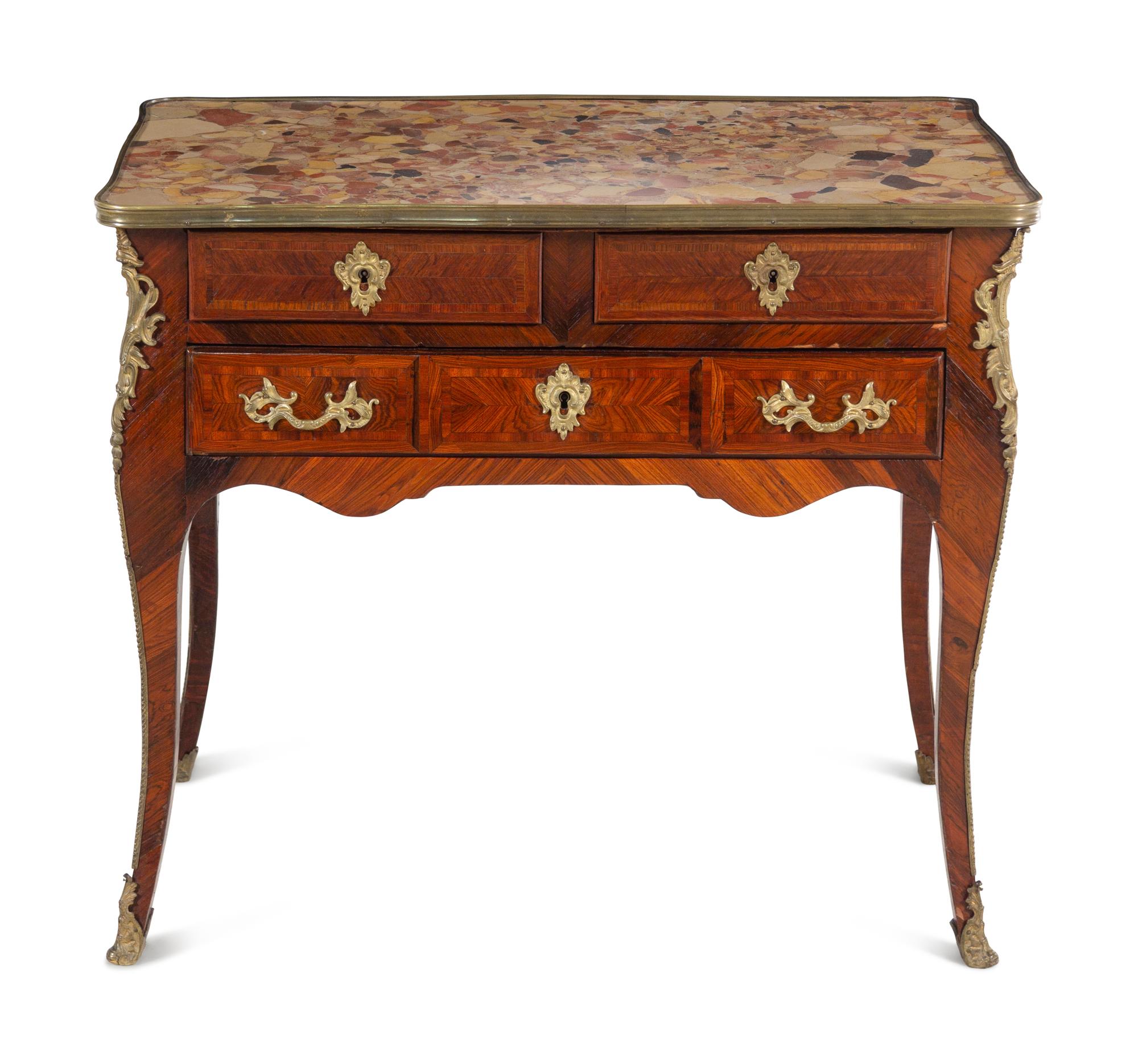 A Louis XV Style Gilt Bronze Mounted Kingwood Marble-Top Occasional Table
