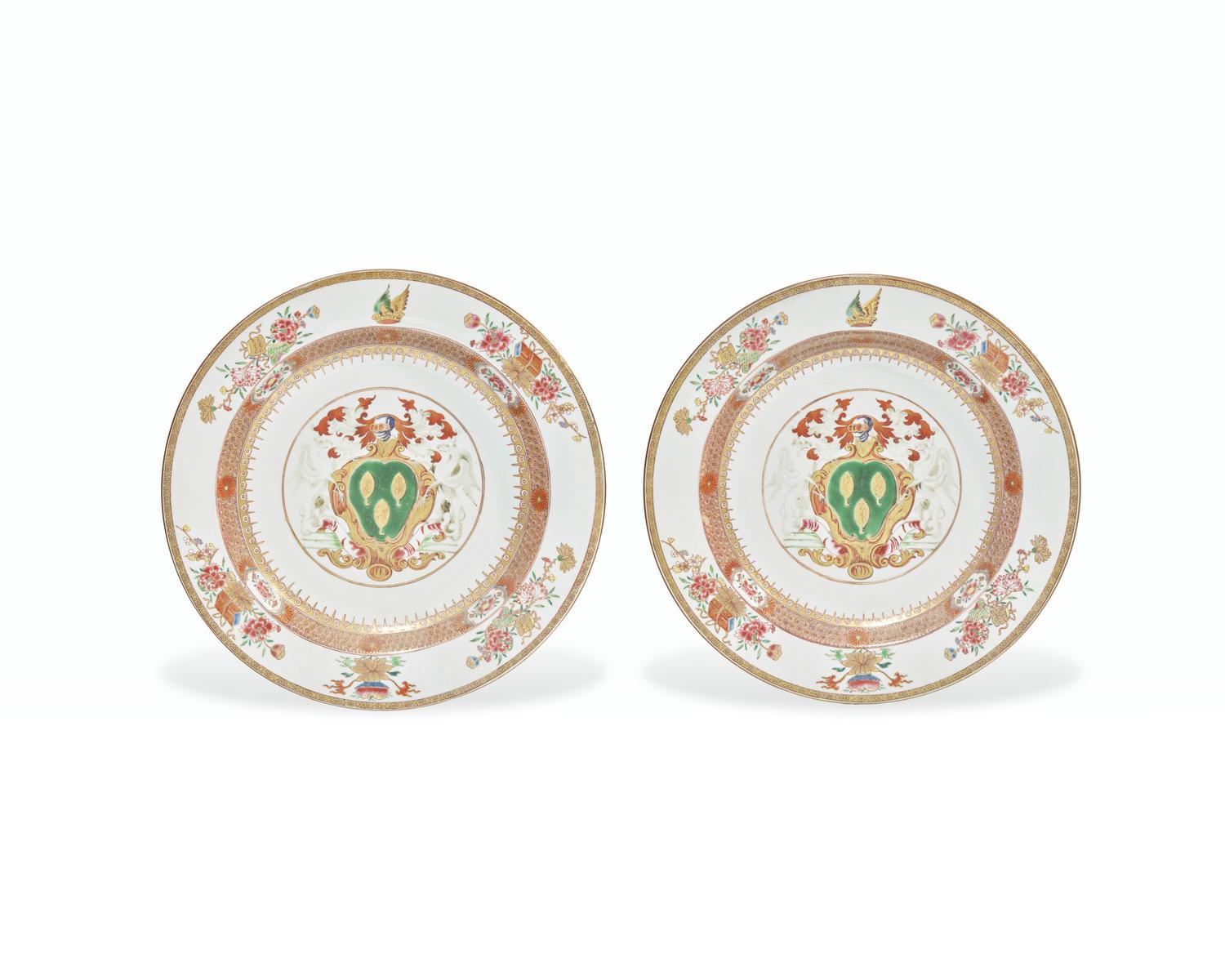 A Pair Of Large Chinese Export Porcelain Chargers Bearing The Arms Of Woodward