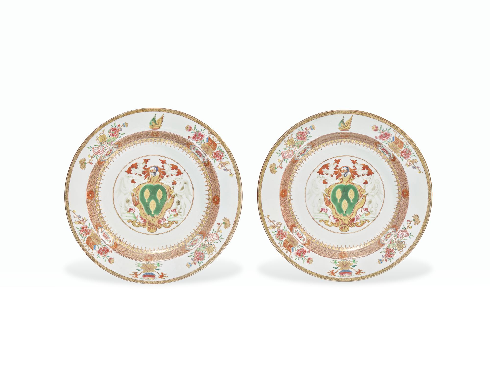 A Pair Of Large Chinese Export Porcelain Chargers Bearing The Arms Of Woodward
