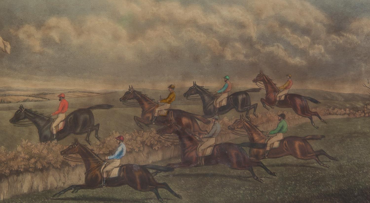 Six English Equestrian Race Prints, Height 7 3/4 x width 13 5/8 inches (visible).