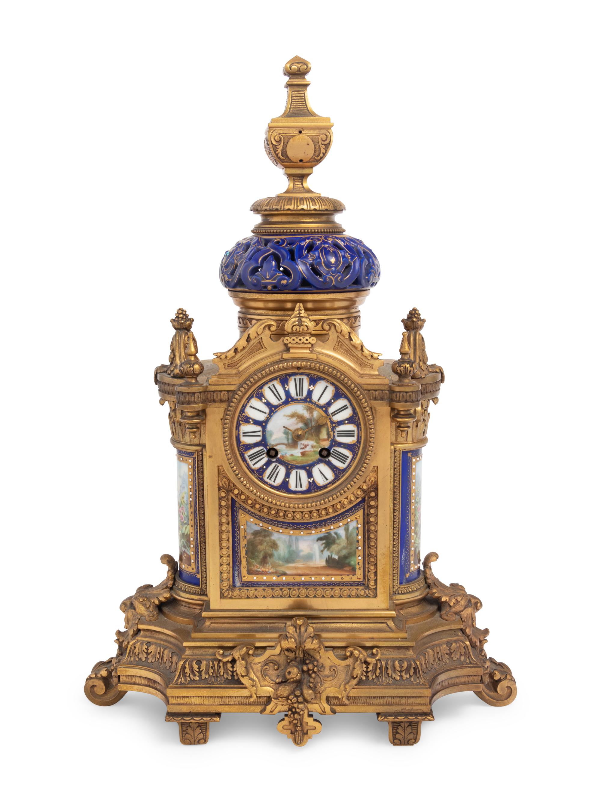 A French Porcelain Mounted Gilt Bronze Clock