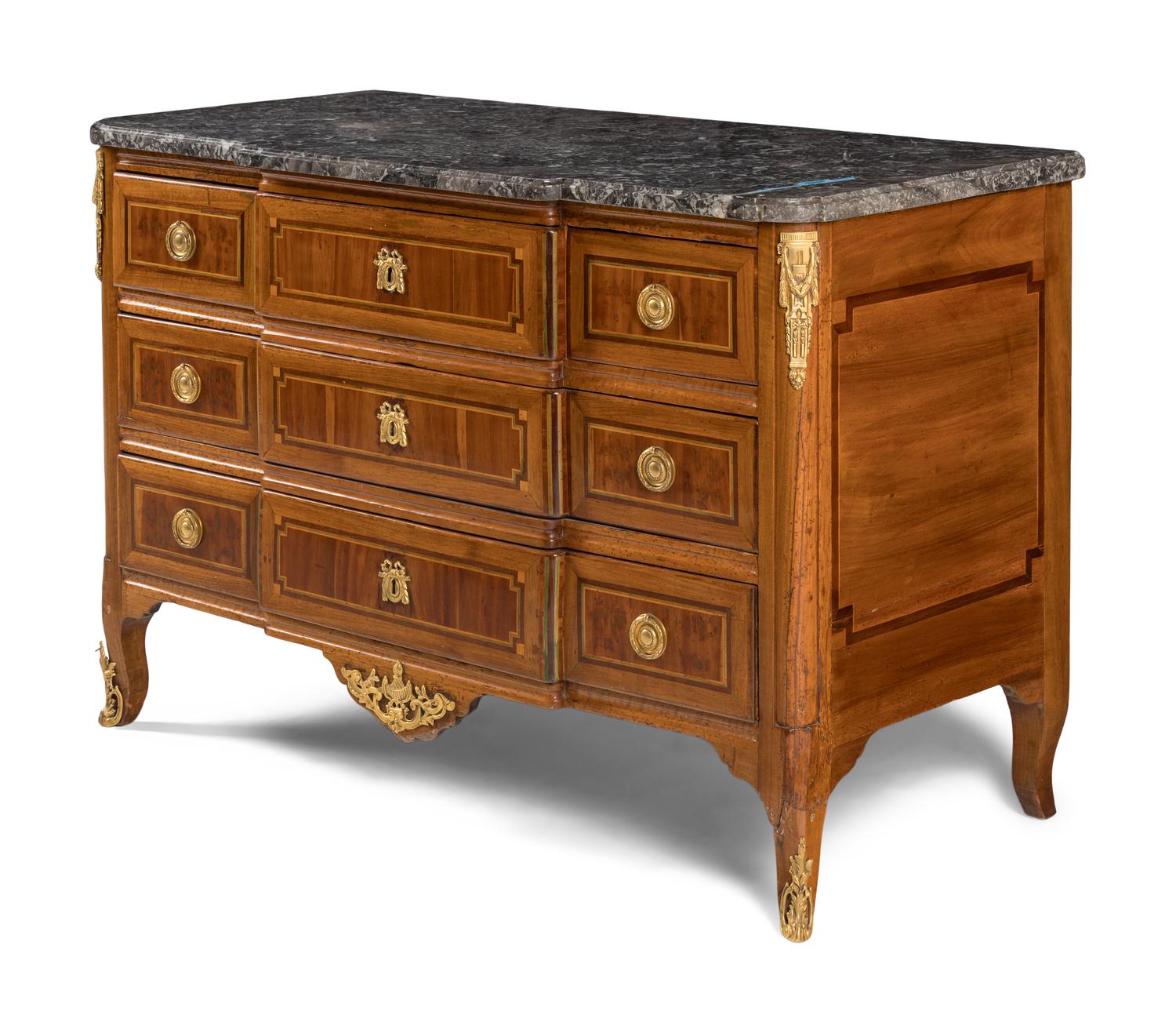 A Louis XV/XVI Transitional Gilt Bronze Mounted Walnut Marble-Top Commode