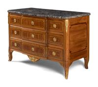A Louis XV/XVI Transitional Gilt Bronze Mounted Walnut Marble-Top Commode
