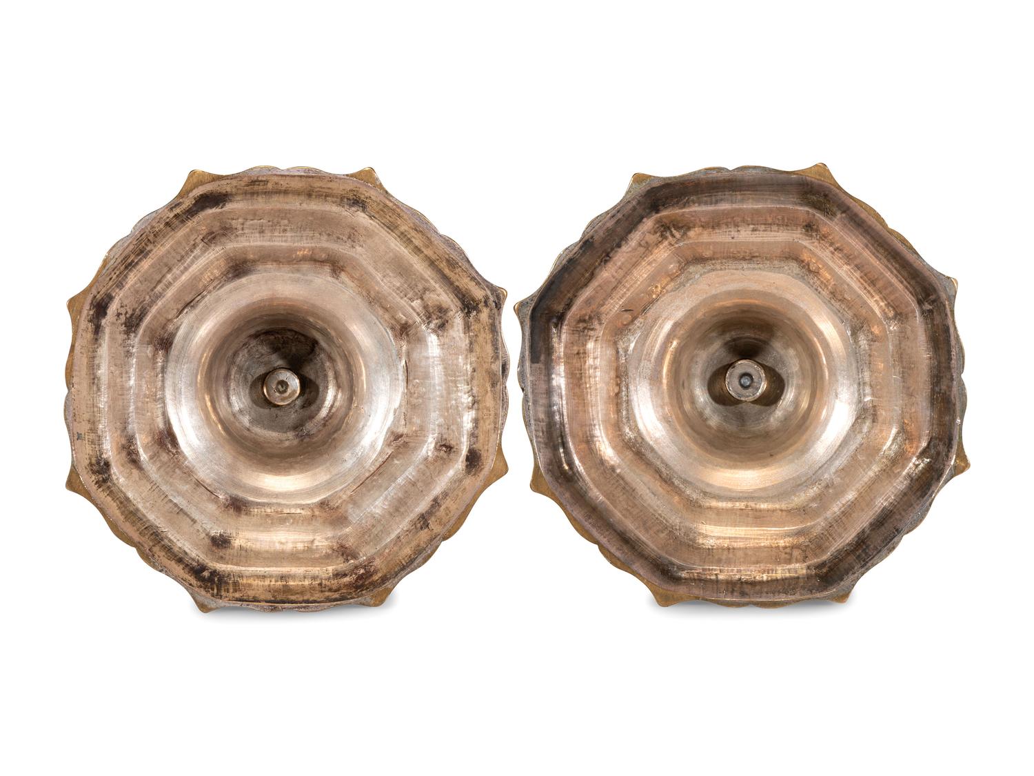 A Pair of French Engraved Brass Candlesticks