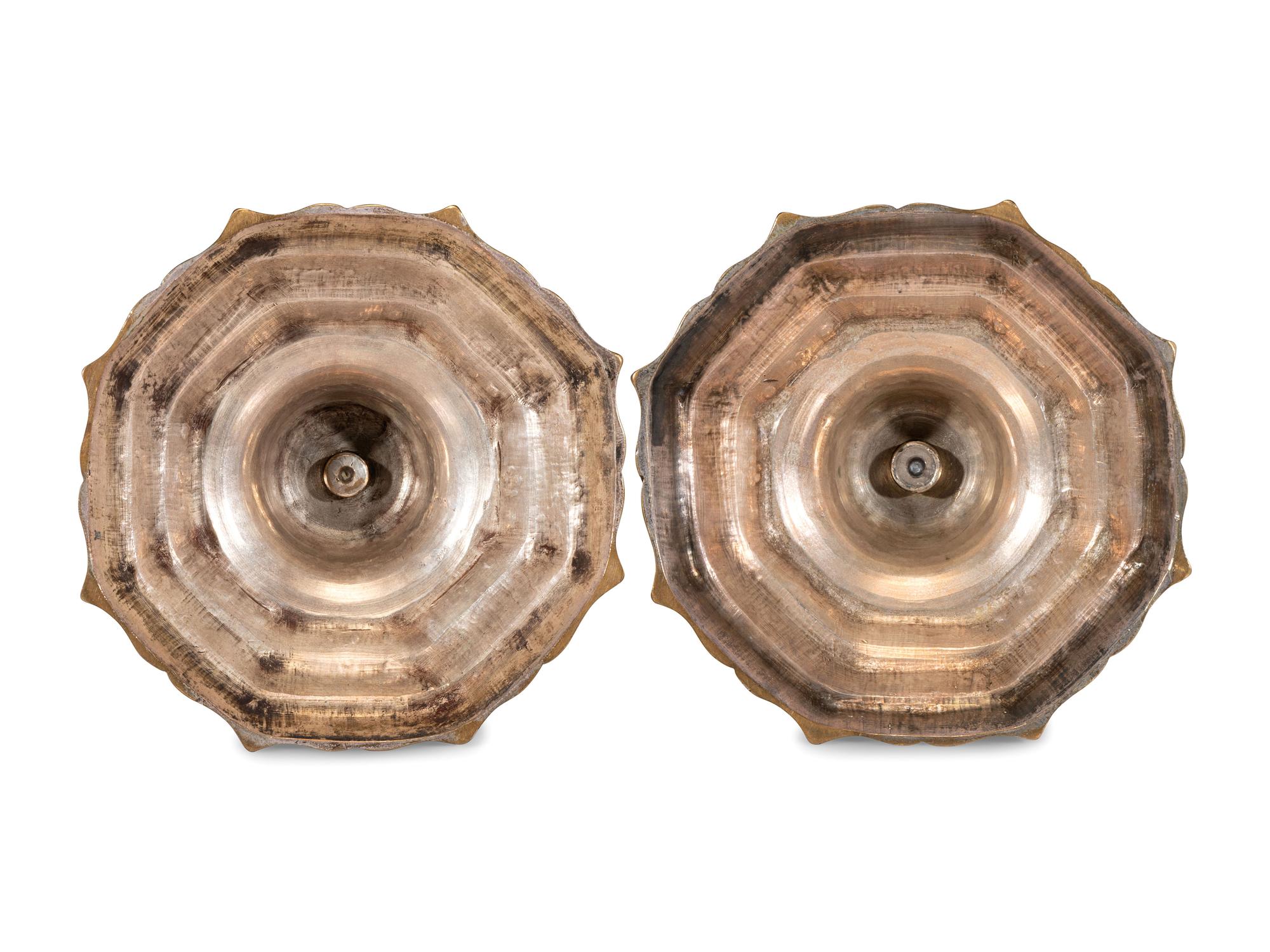 A Pair of French Engraved Brass Candlesticks