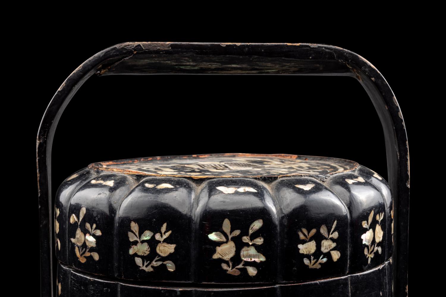 A Chinese Mother-of-Pearl Inlaid Black Lacquer Two-Tier Food Basket, Tihe