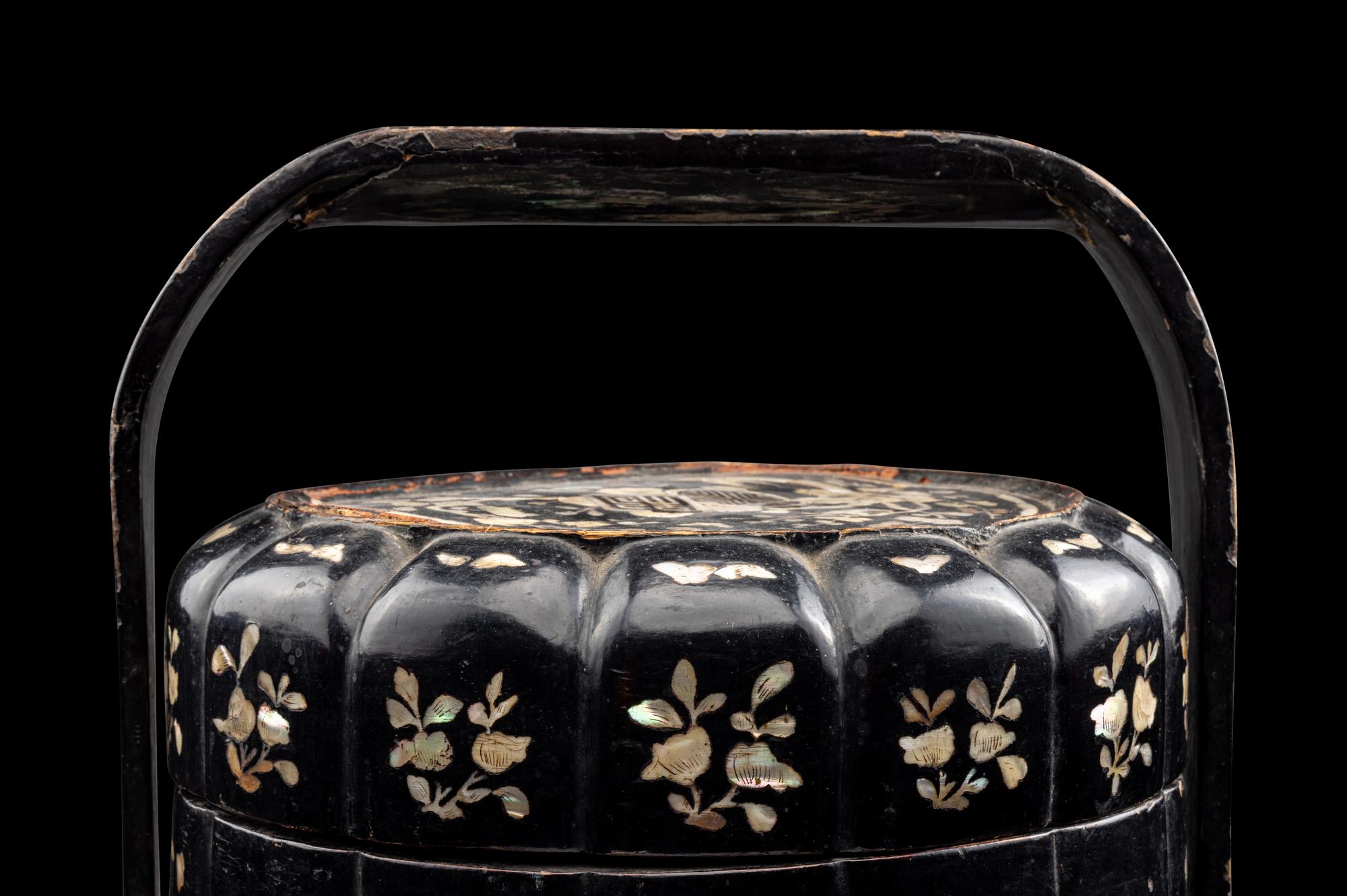 A Chinese Mother-of-Pearl Inlaid Black Lacquer Two-Tier Food Basket, Tihe