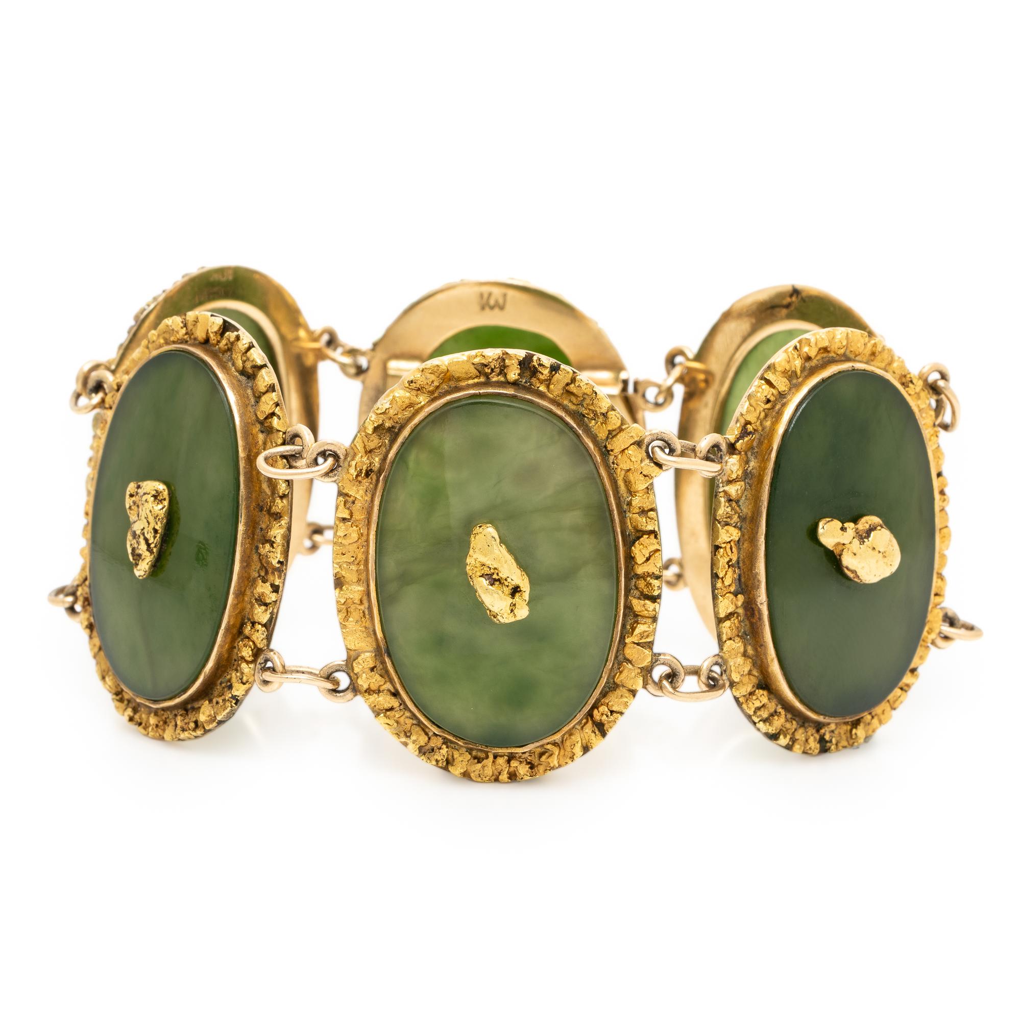 Low-Karat Gold and Nephrite Plaque Bracelet