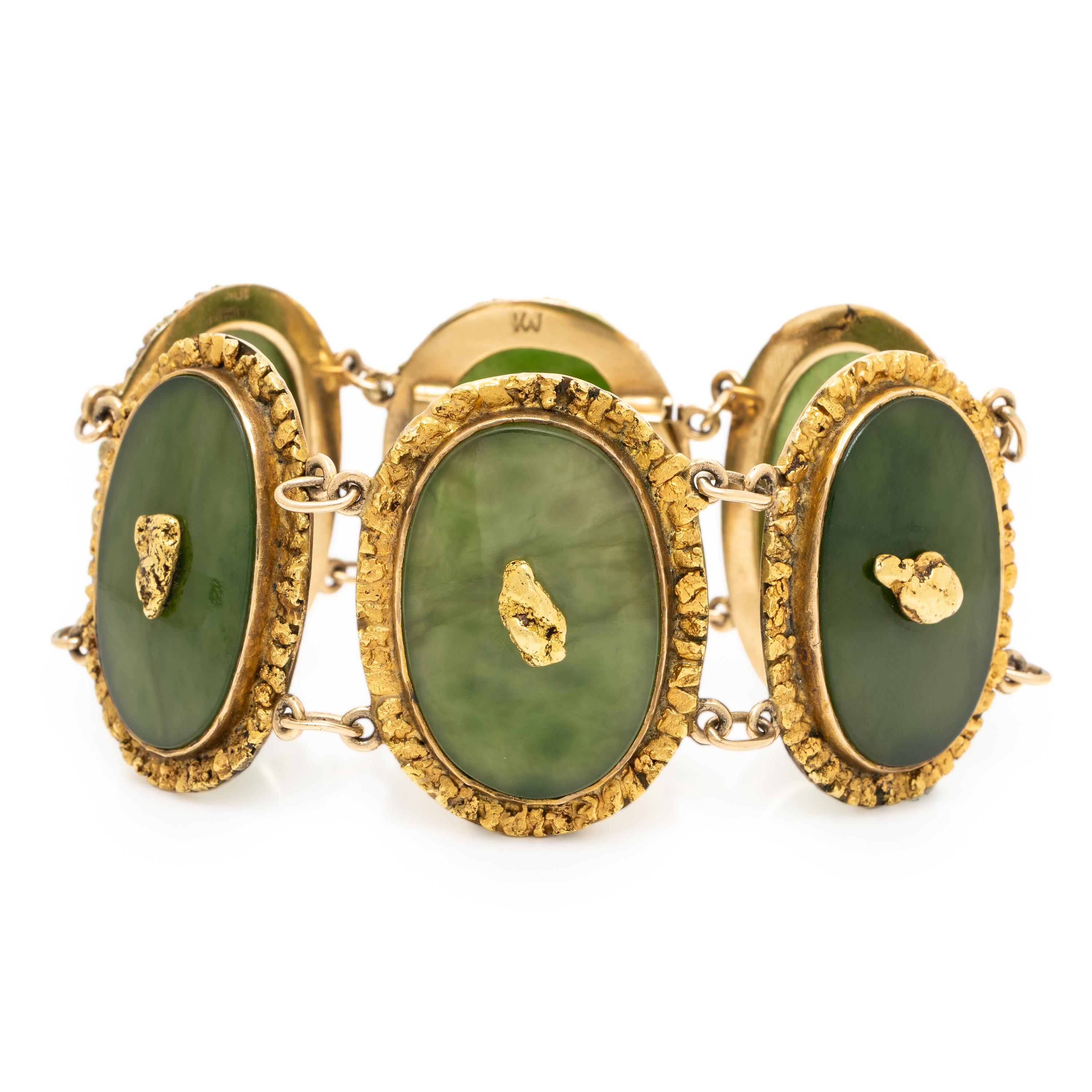 Low-Karat Gold and Nephrite Plaque Bracelet