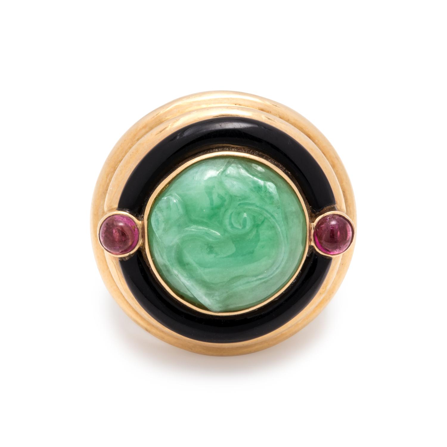 JADE, ONYX AND PINK TOURMALINE RING