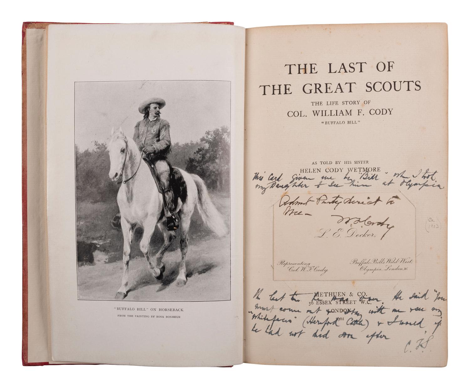 [WILD WEST SHOWS]. CODY, William Frederick ("Buffalo Bill") (1846-1917). Signature ("W. F. Cody") on the business card of L. E. Decker, representative of Col. W. F. Cody and Buffalo Bill's Wild West.