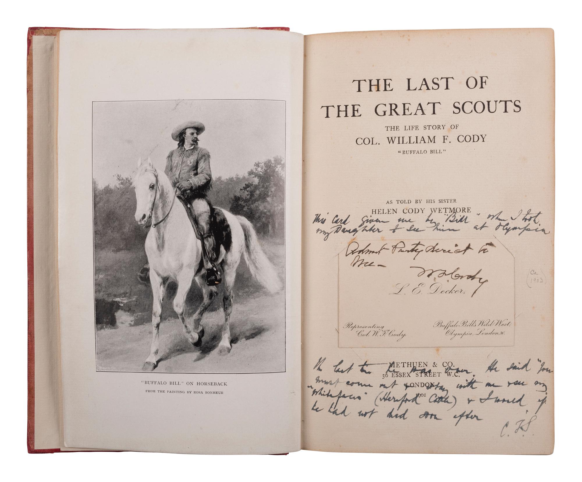 [WILD WEST SHOWS]. CODY, William Frederick ("Buffalo Bill") (1846-1917). Signature ("W. F. Cody") on the business card of L. E. Decker, representative of Col. W. F. Cody and Buffalo Bill's Wild West.