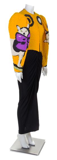 A Michaele Vollbracht Yellow Quilted Cat Jacket and Black Gown, Jacket size 10; Dress no size.