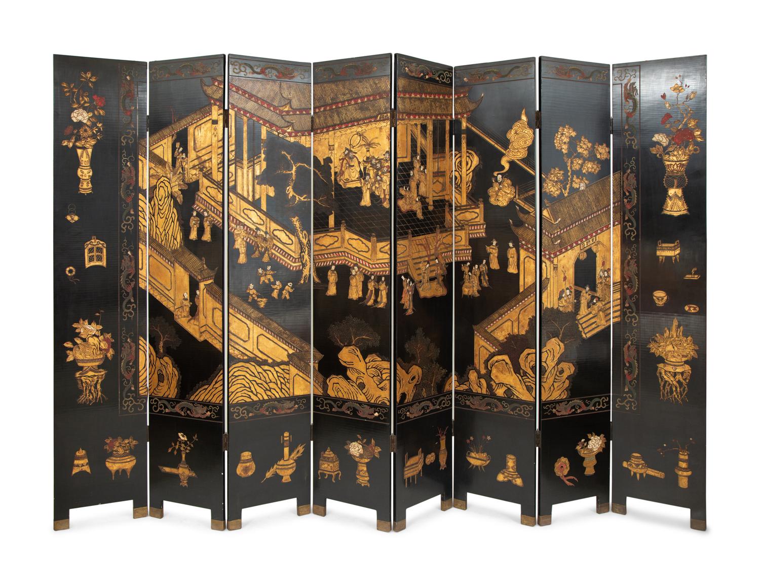 A Chinese Export Black and Gilt Lacquer Screen