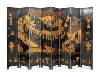 A Chinese Export Black and Gilt Lacquer Screen