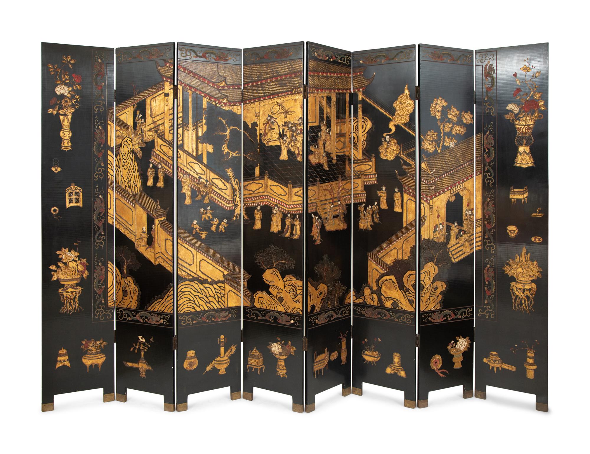 A Chinese Export Black and Gilt Lacquer Screen
