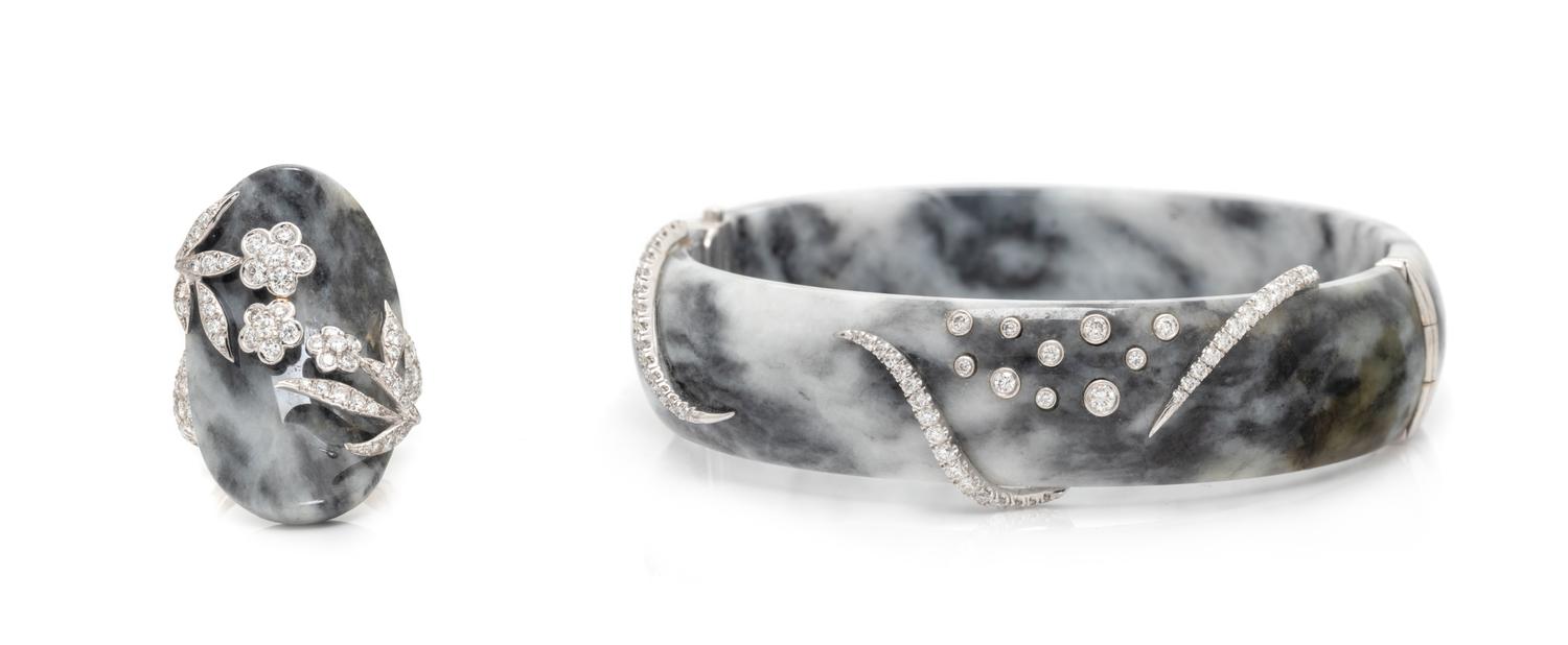 LAURA MUNDER, DIAMOND, BLACK AND WHITE JADE BRACELET AND RING