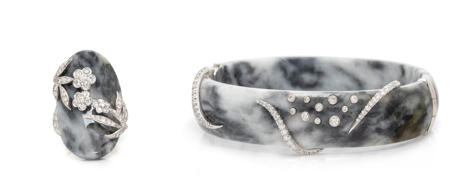 LAURA MUNDER, DIAMOND, BLACK AND WHITE JADE BRACELET AND RING