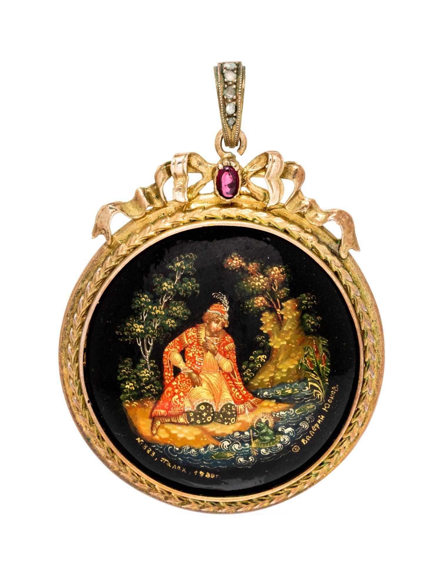 A Gilt Silver, Palekh Lacquer, Tourmaline and Diamond Pendant, Russian,