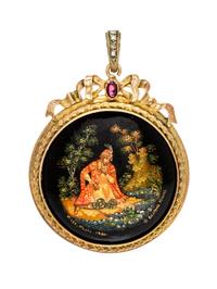 A Gilt Silver, Palekh Lacquer, Tourmaline and Diamond Pendant, Russian,