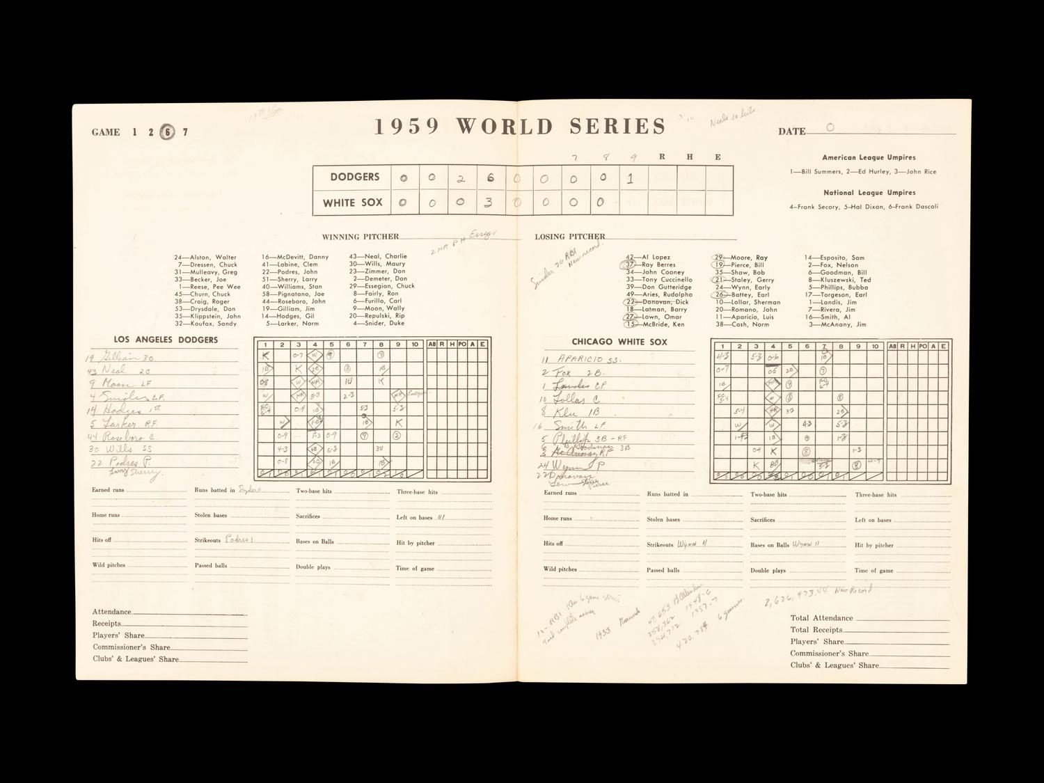 A Bill Veeck Signed Autograph 1959 World Series Program With Game 6 Ticket Stub (Beckett Authentication Services)