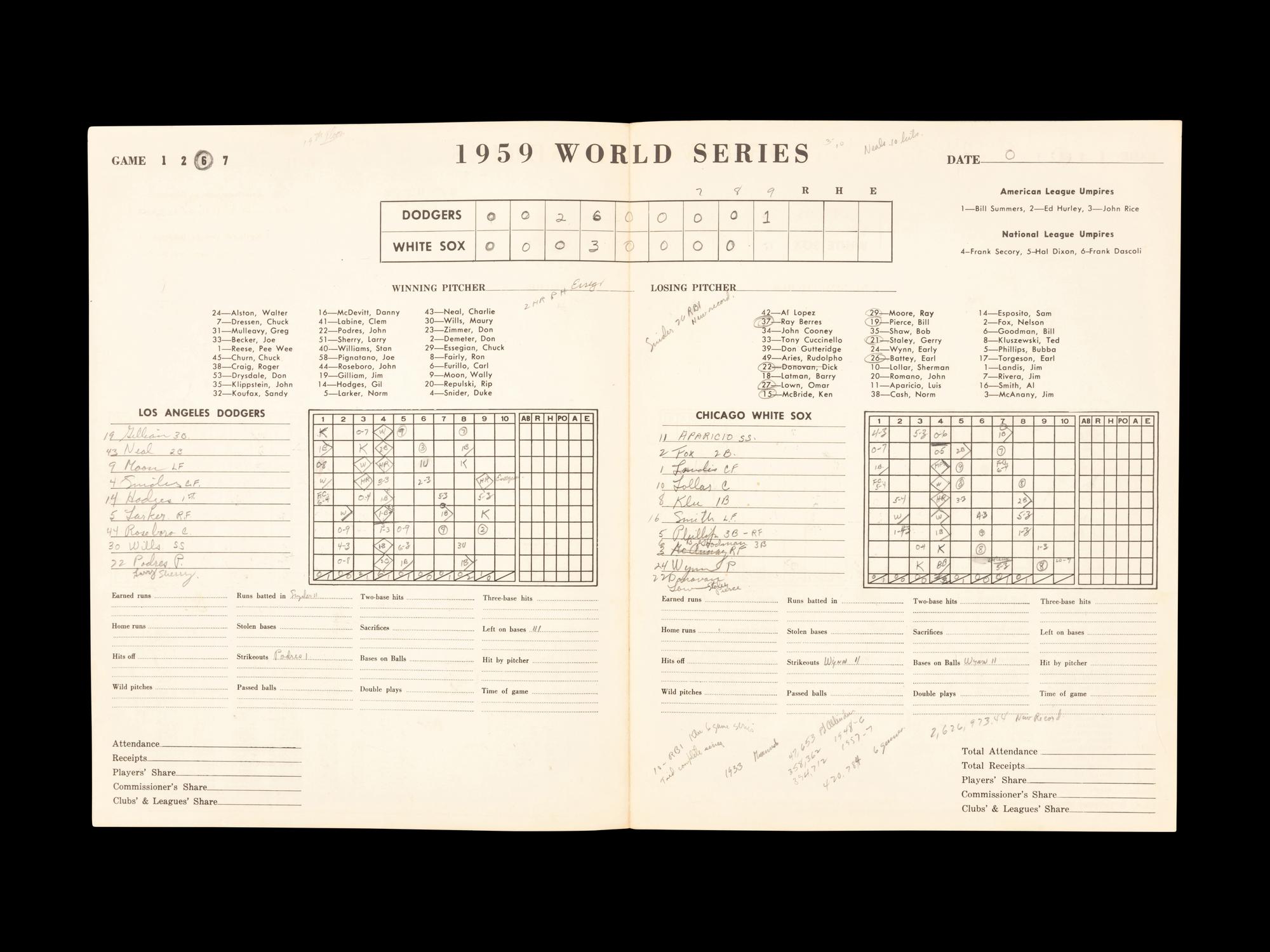 A Bill Veeck Signed Autograph 1959 World Series Program With Game 6 Ticket Stub (Beckett Authentication Services)