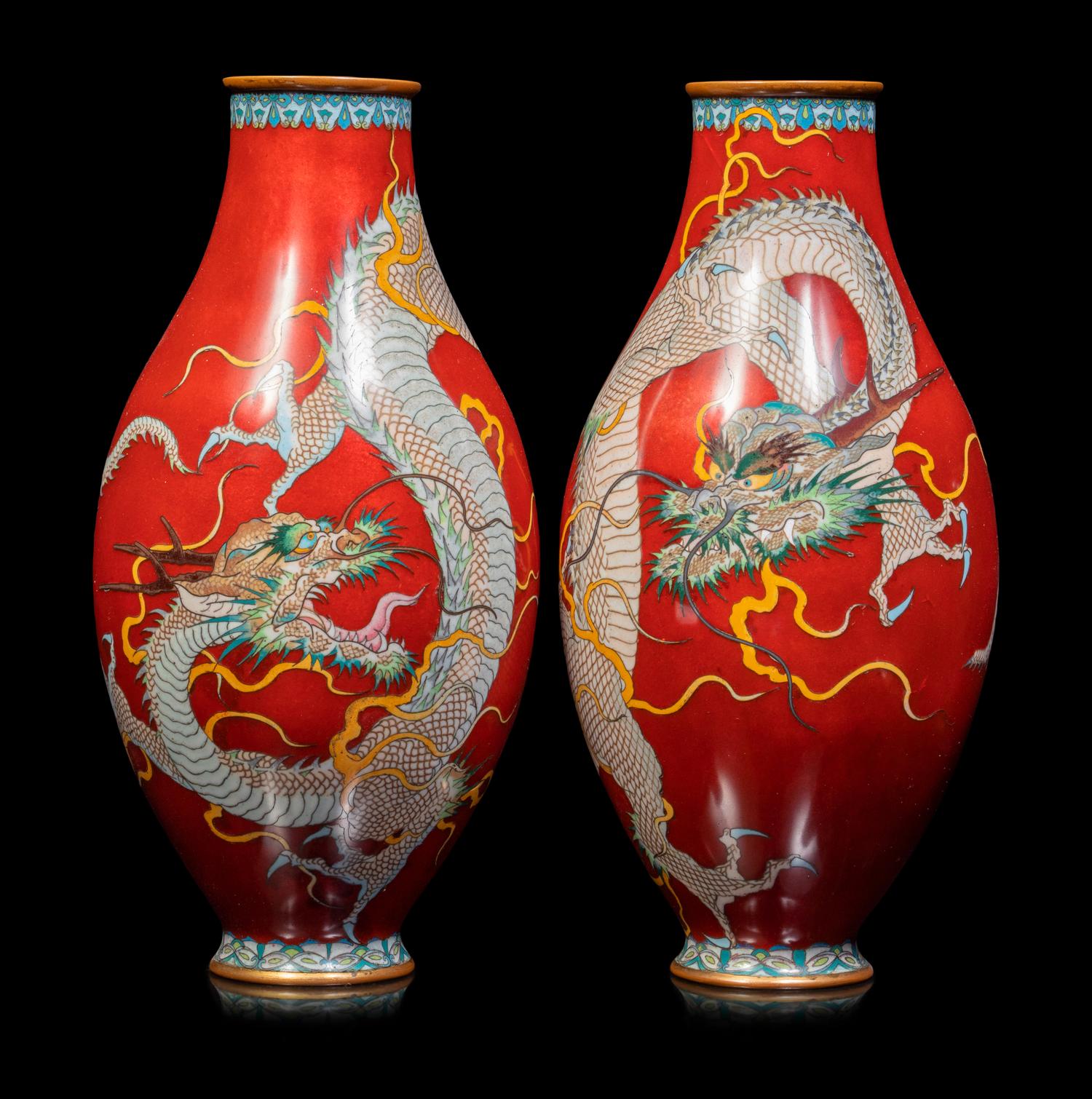 Two Pairs of Japanese Cloisonné Enamel 'Dragon' Vases