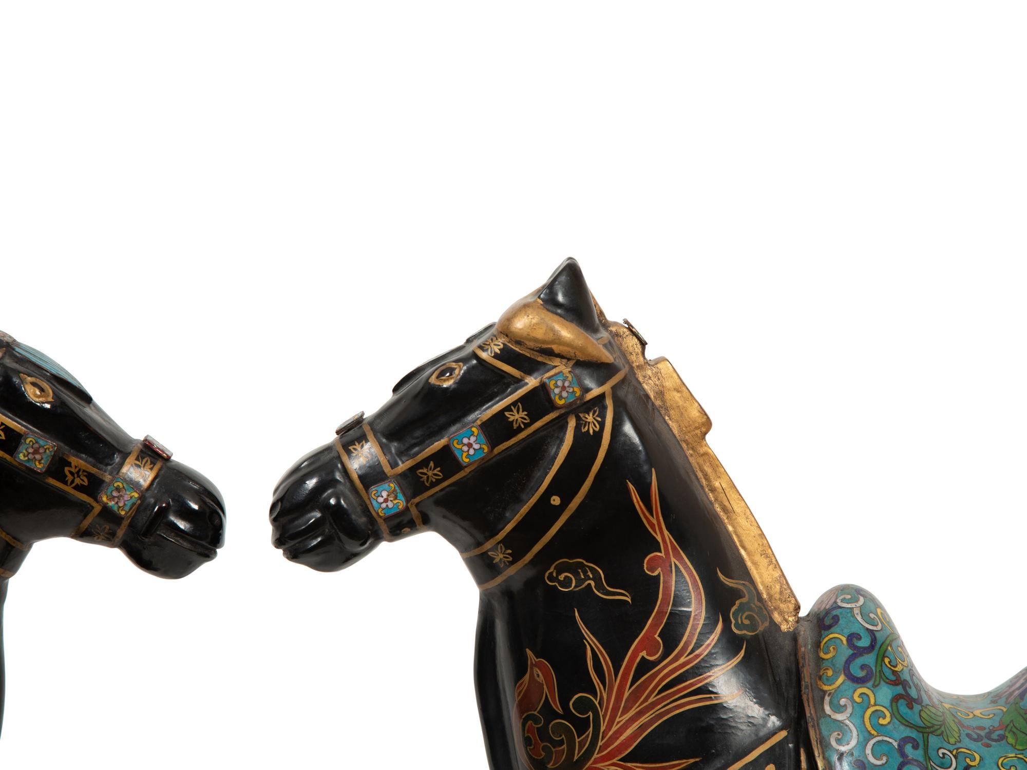 A Pair of Chinese Painted Wood and Cloisonné Models of Horses