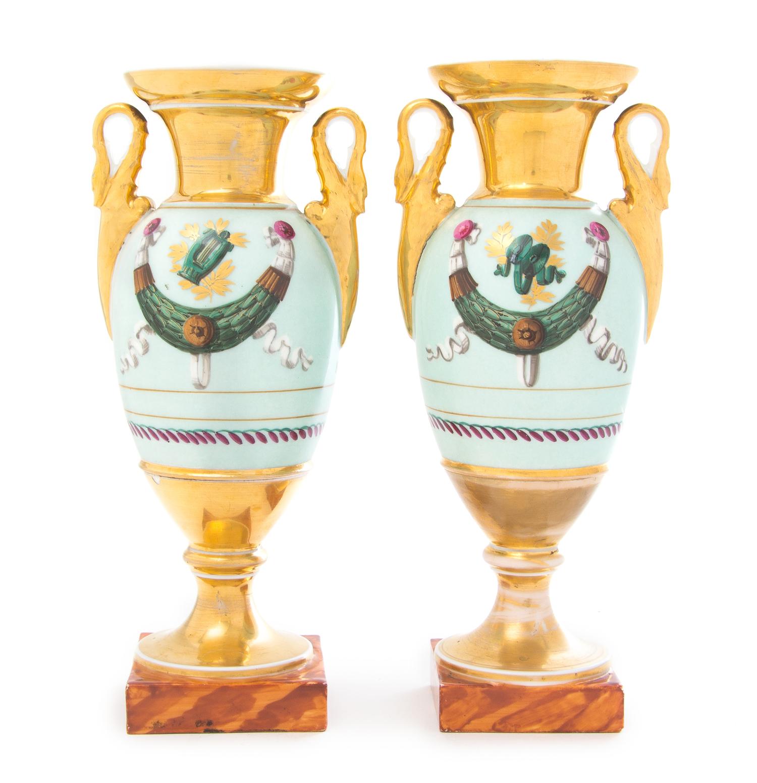A Pair of Paris Porcelain Twin-Handled Vases Height 10 inches. — 19TH CENTURY