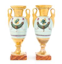 A Pair of Paris Porcelain Twin-Handled Vases Height 10 inches. — 19TH CENTURY