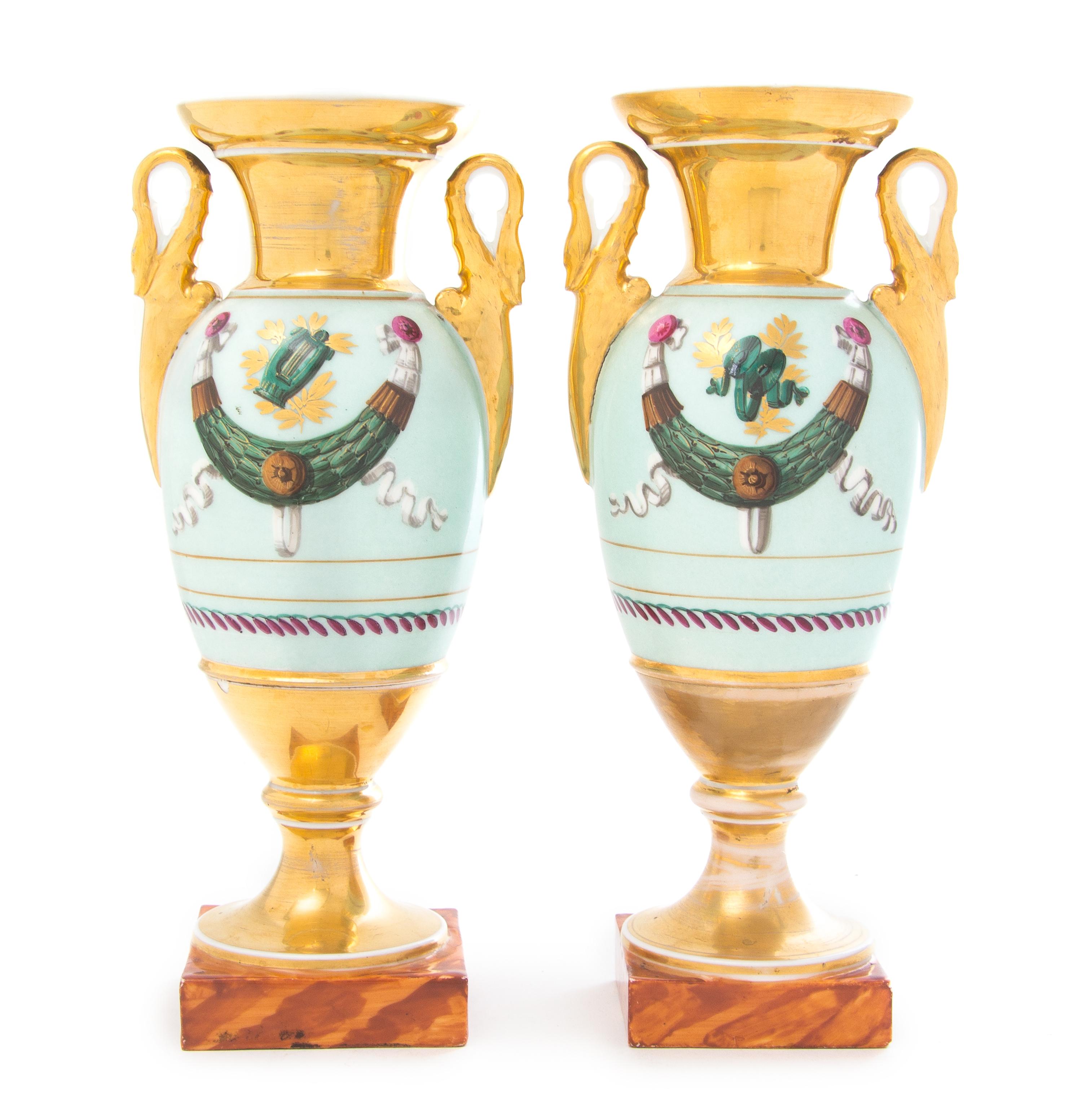 A Pair of Paris Porcelain Twin-Handled Vases Height 10 inches. — 19TH CENTURY