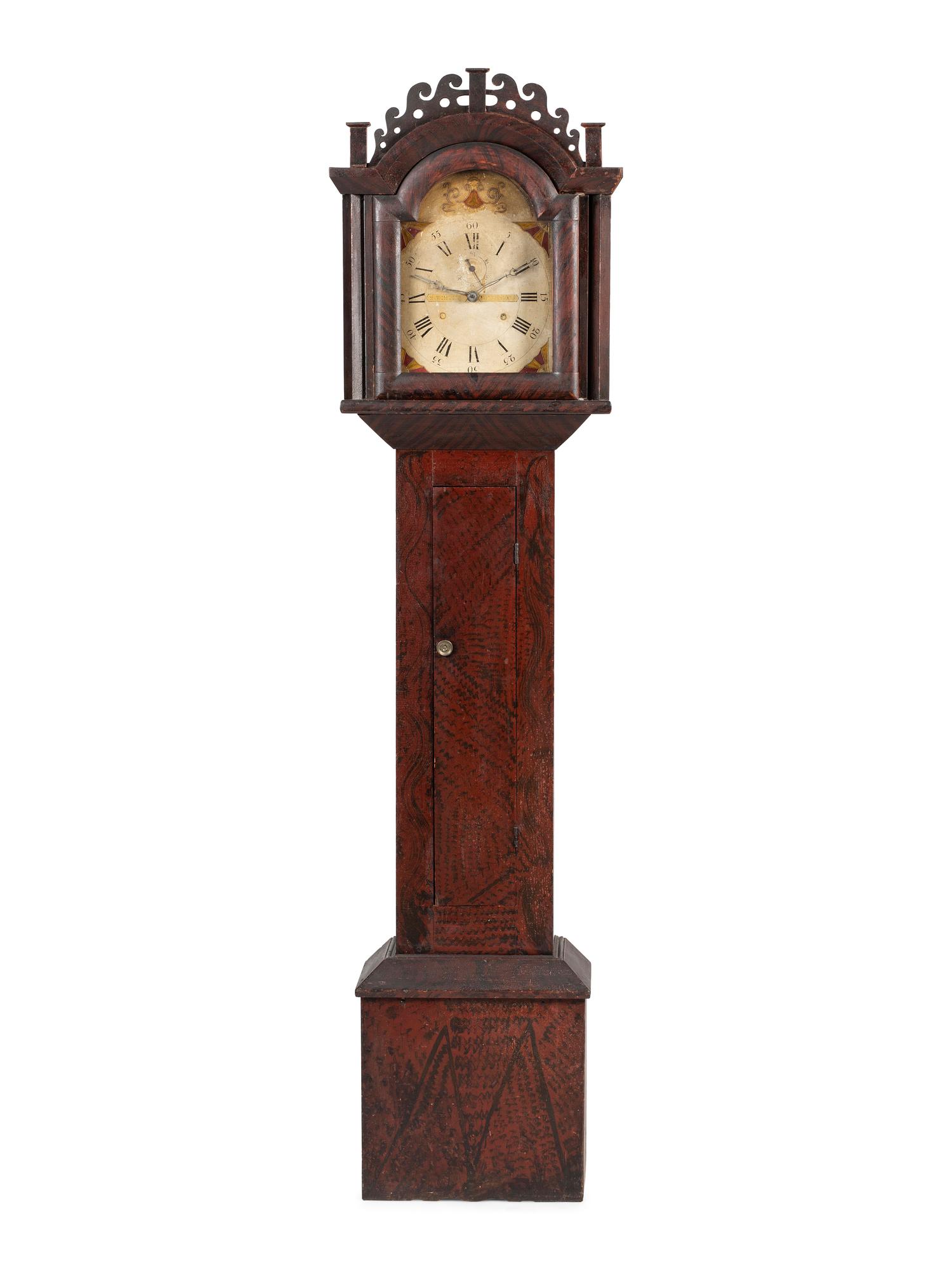 A Federal Carved and Grain Painted Pine Wooden Works Tall Case Clock