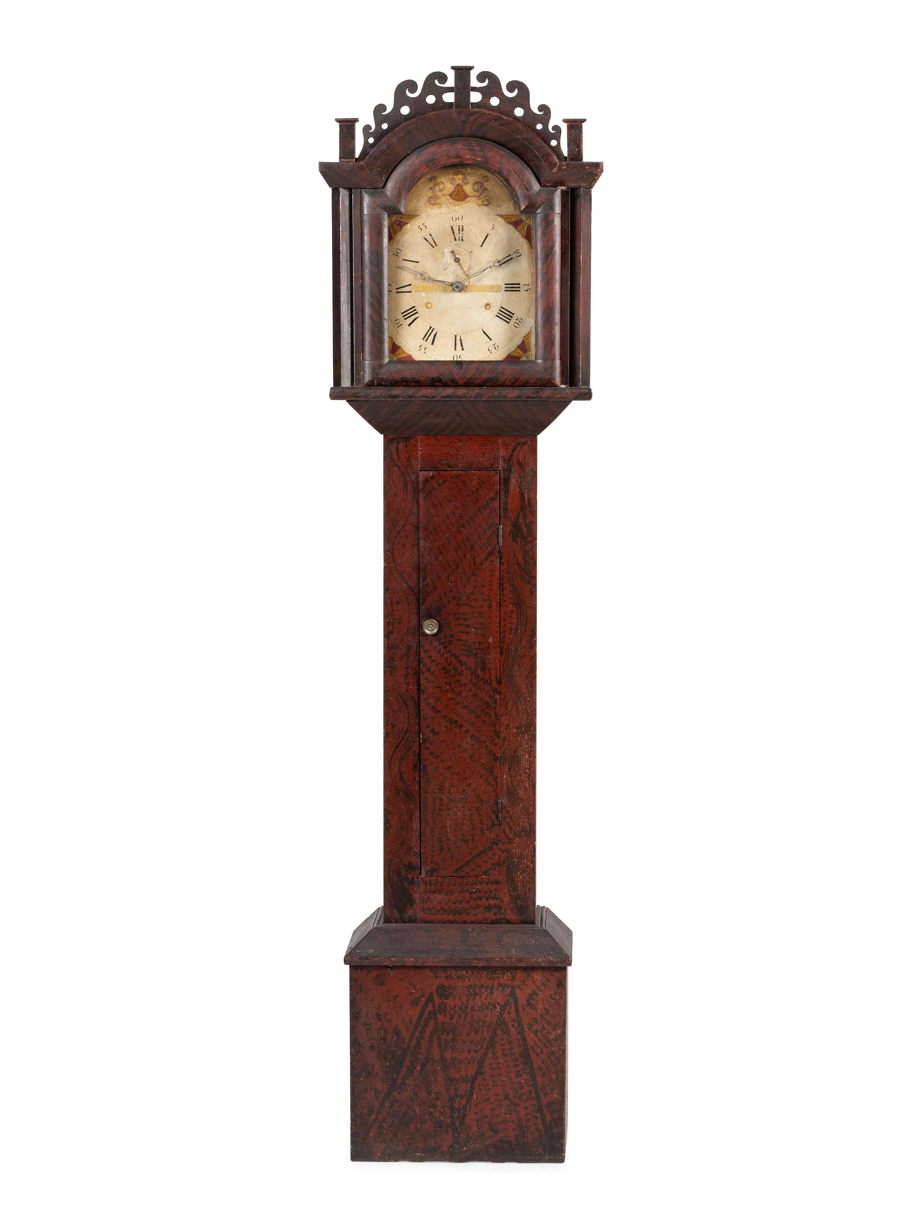 A Federal Carved and Grain Painted Pine Wooden Works Tall Case Clock