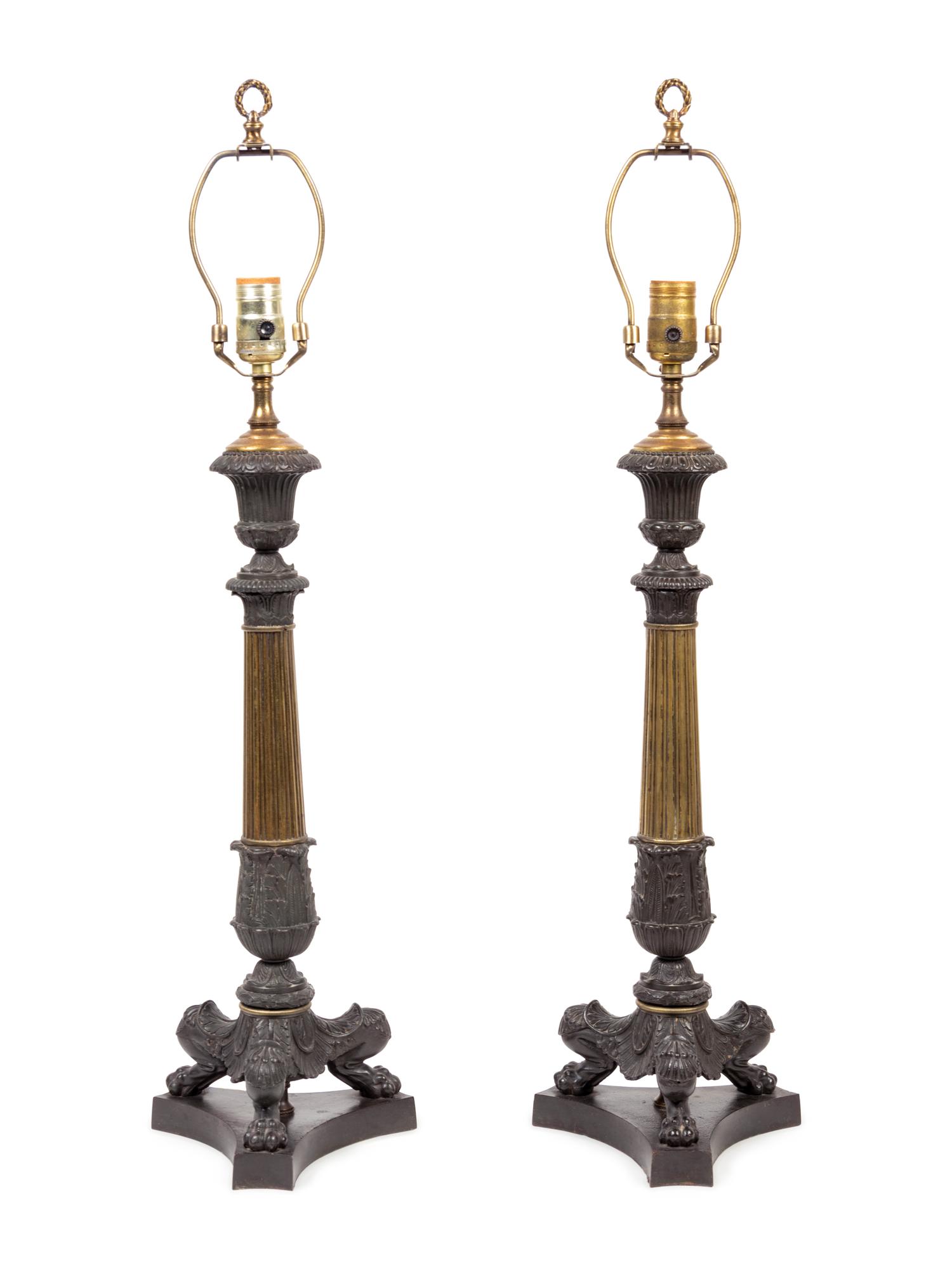 A Pair of Empire Style Bronze Candlesticks Mounted as Lamps