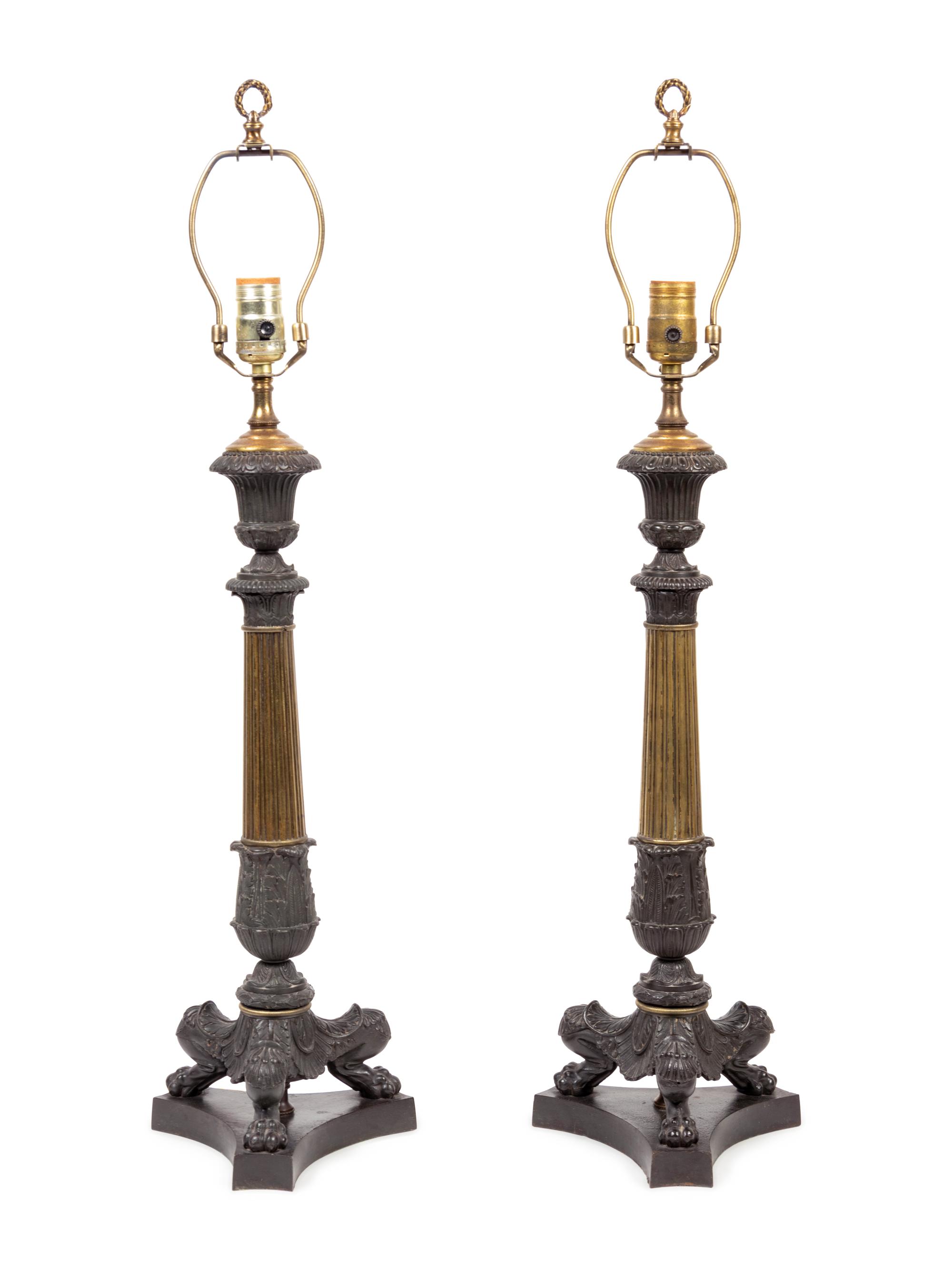 A Pair of Empire Style Bronze Candlesticks Mounted as Lamps