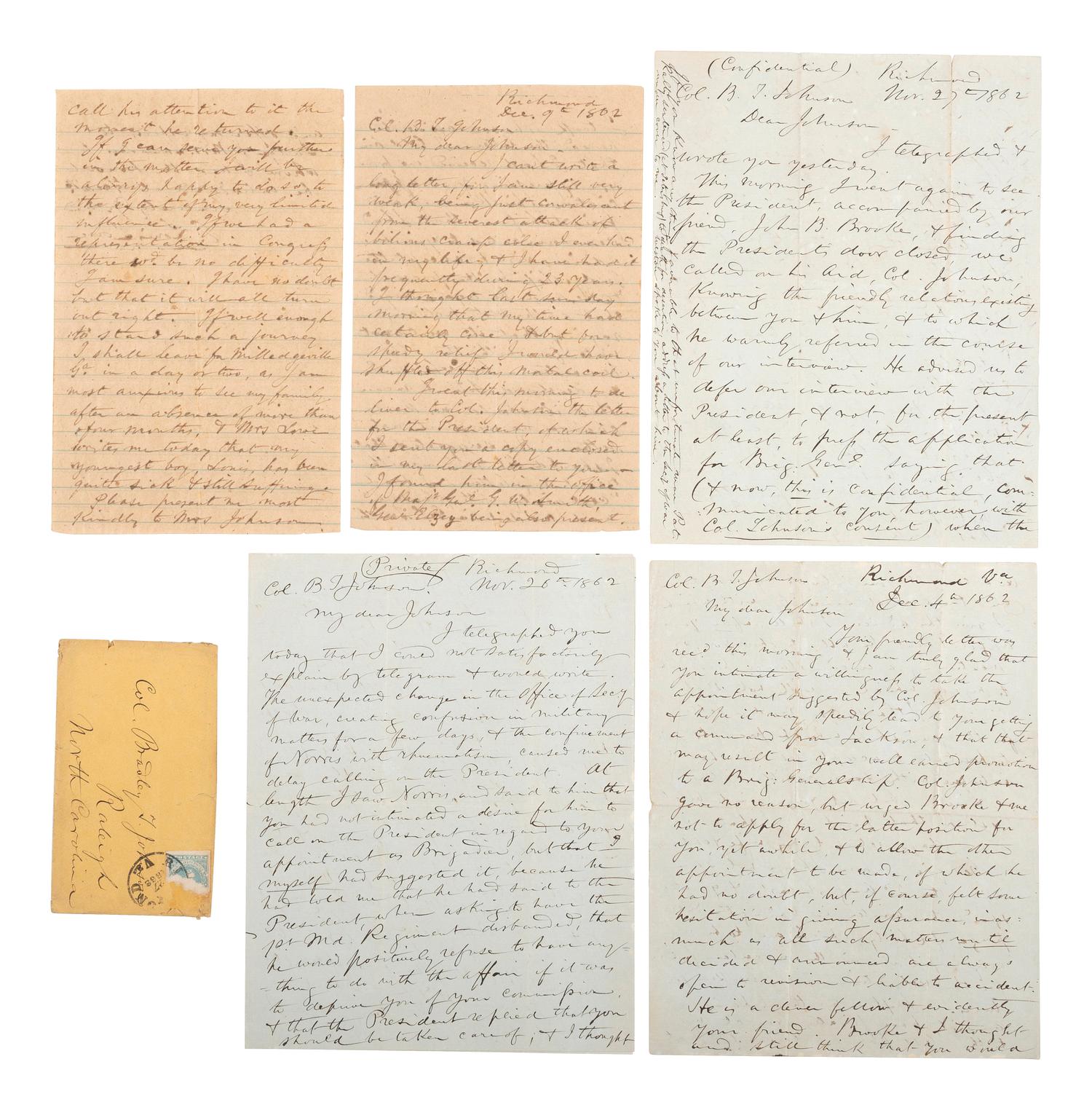 [CIVIL WAR]. A collection of 5 ALsS from E. Louis Lowe, former Governor of Maryland, regarding his efforts to seek an appointment for Colonel Bradley Johnson as a Brigadier General in the Confederate Army,