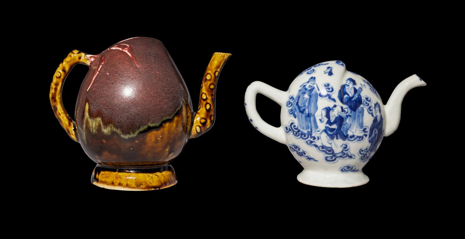 Two Chinese Porcelain Peach-Form Wine Pots, Daoliuhu