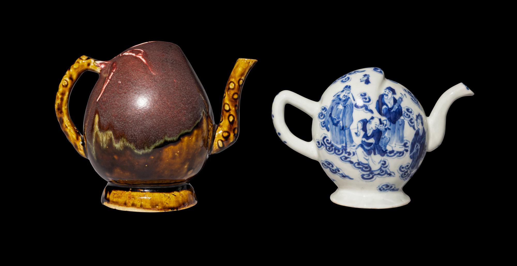Two Chinese Porcelain Peach-Form Wine Pots, Daoliuhu