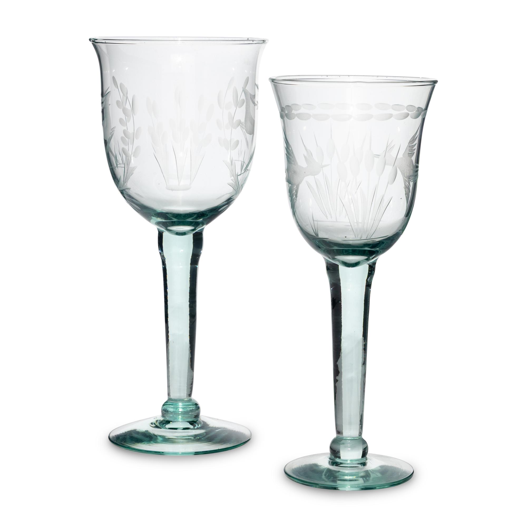 A Set of Etched Green Glass Stemware