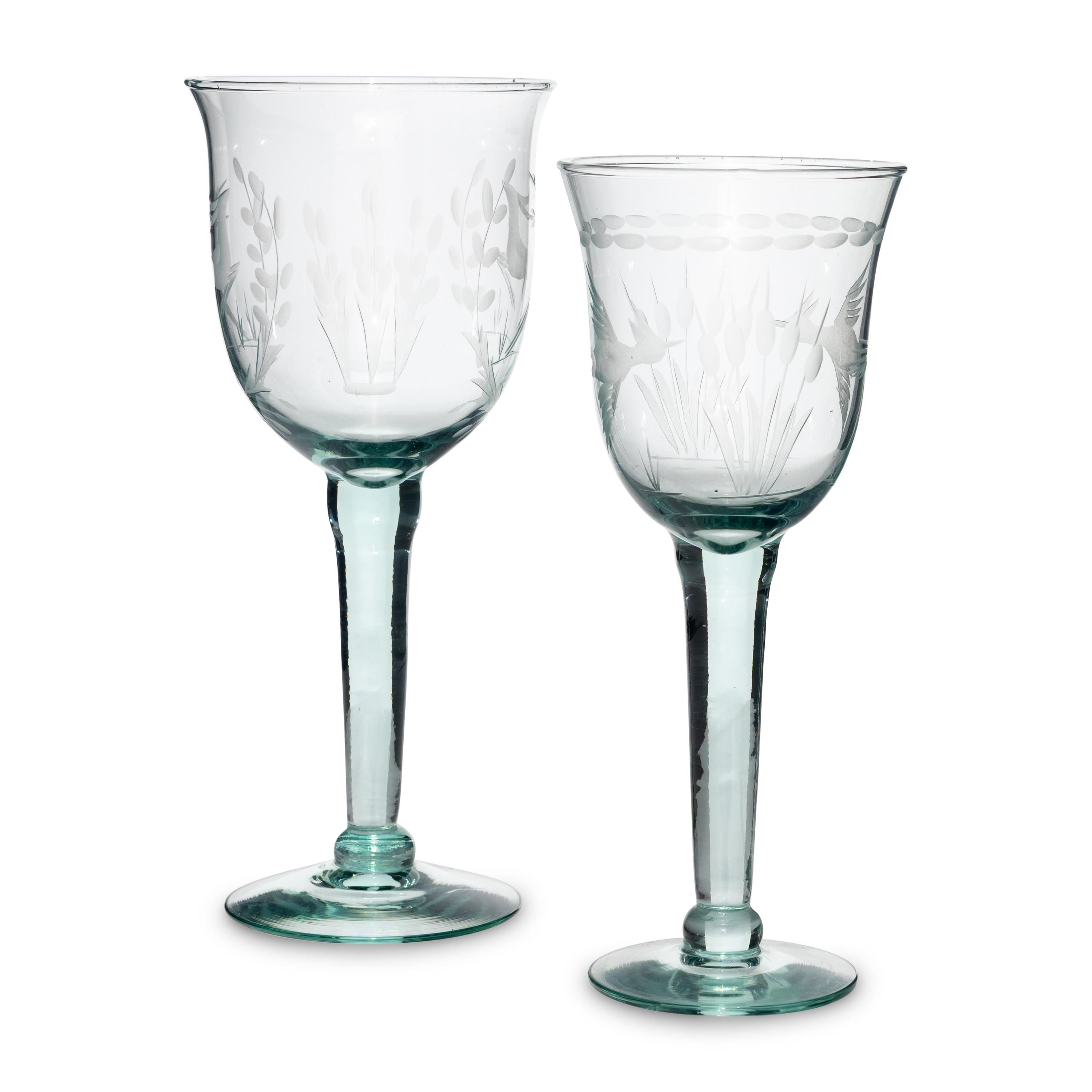 A Set of Etched Green Glass Stemware