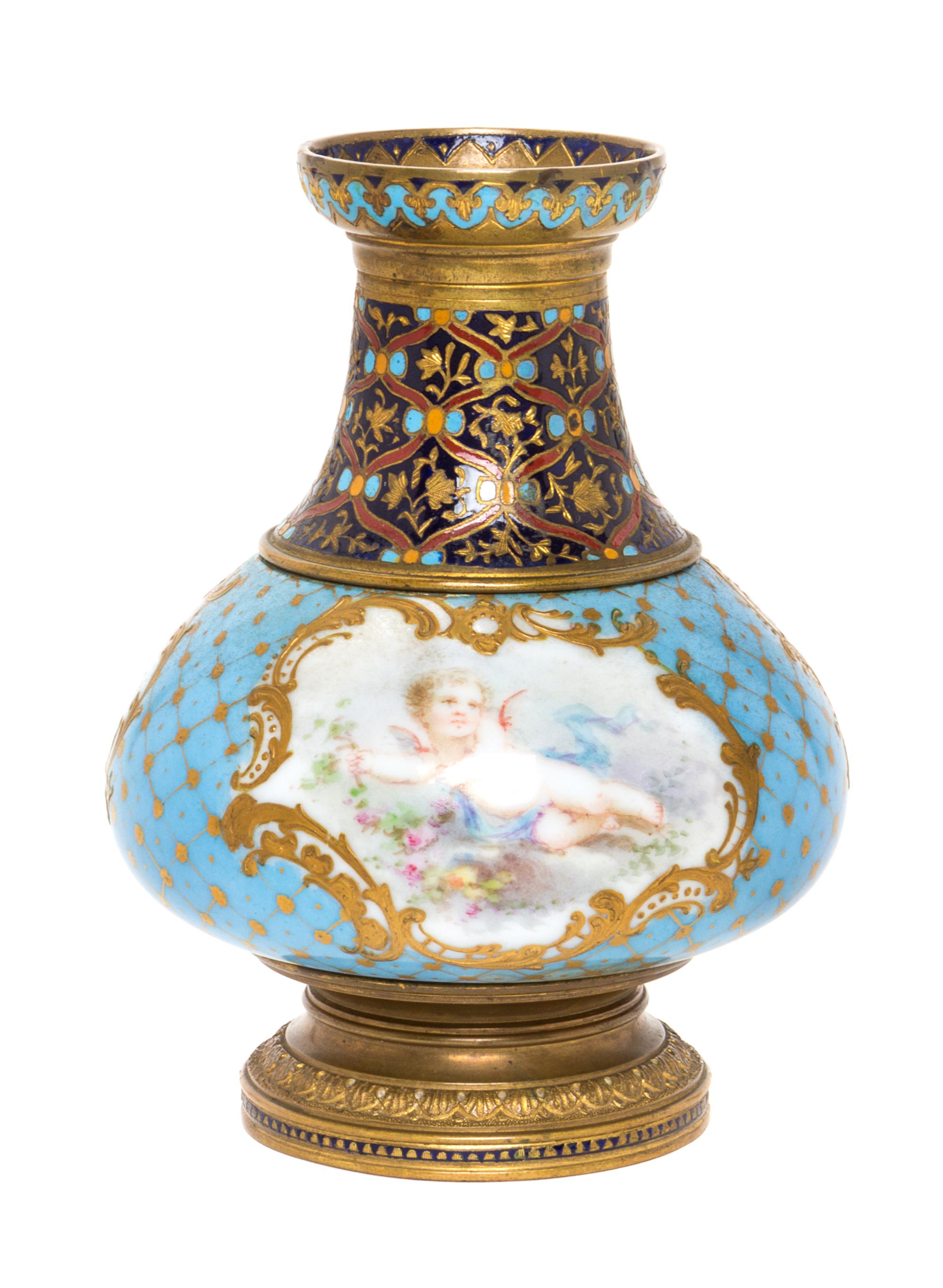 A French Gilt Bronze and Champleve Mounted Porcelain Vase Height 5 inches.