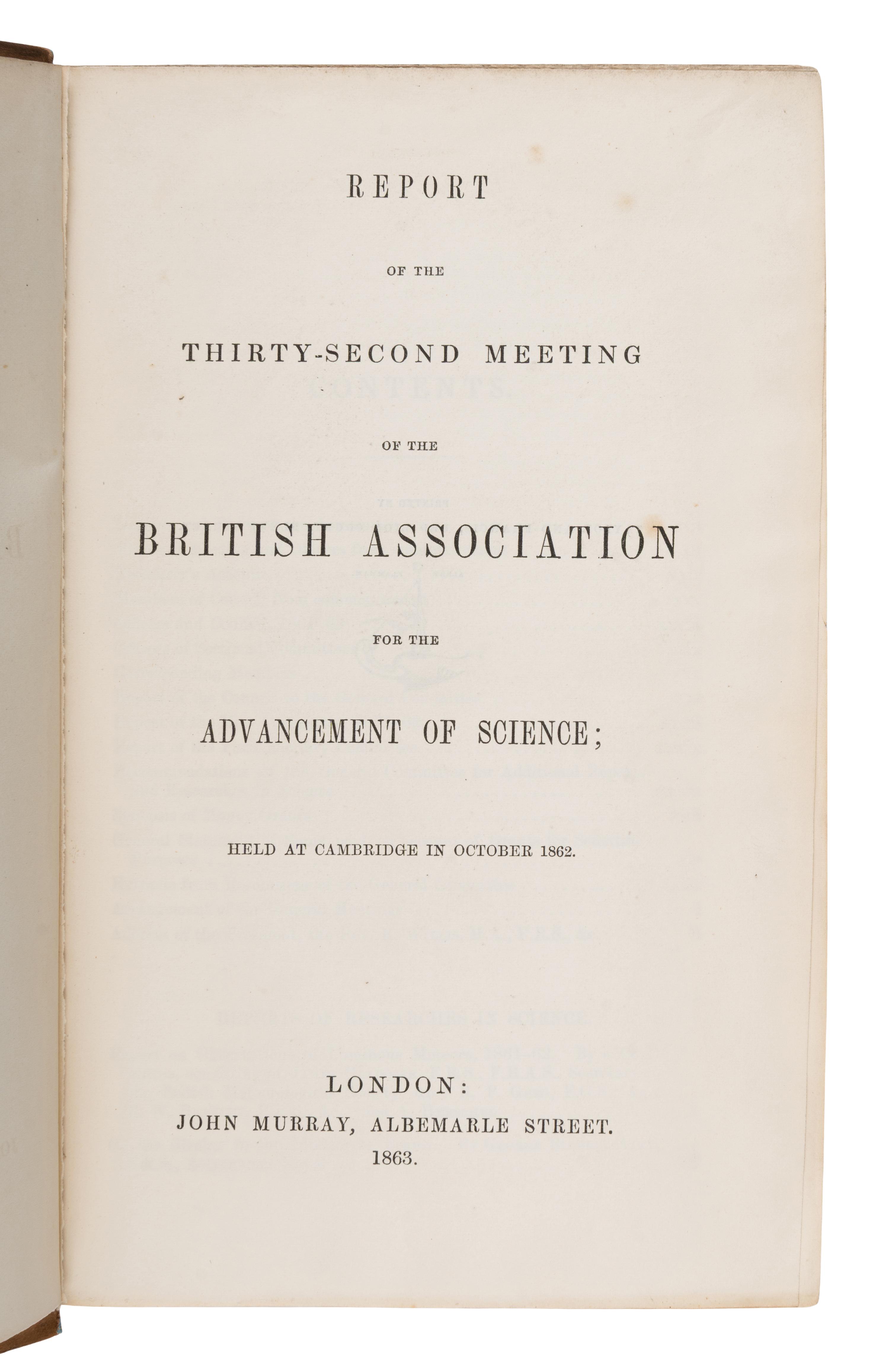 [Economics]. Jevons, William Stanley (1835-1882). [read before the Economic Science and Statistics Section of the British Association at Cambridge]," in: Report of the Thirty-Second Meeting of the British Association for the Advancement of Science; Held at Cambridge in October 1862 . London: John Murray, 1863.