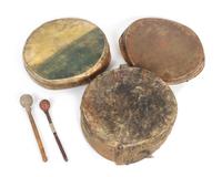 A Wood and Leather Drum and Drumstick Diameter 14 of first 1/4 inches.