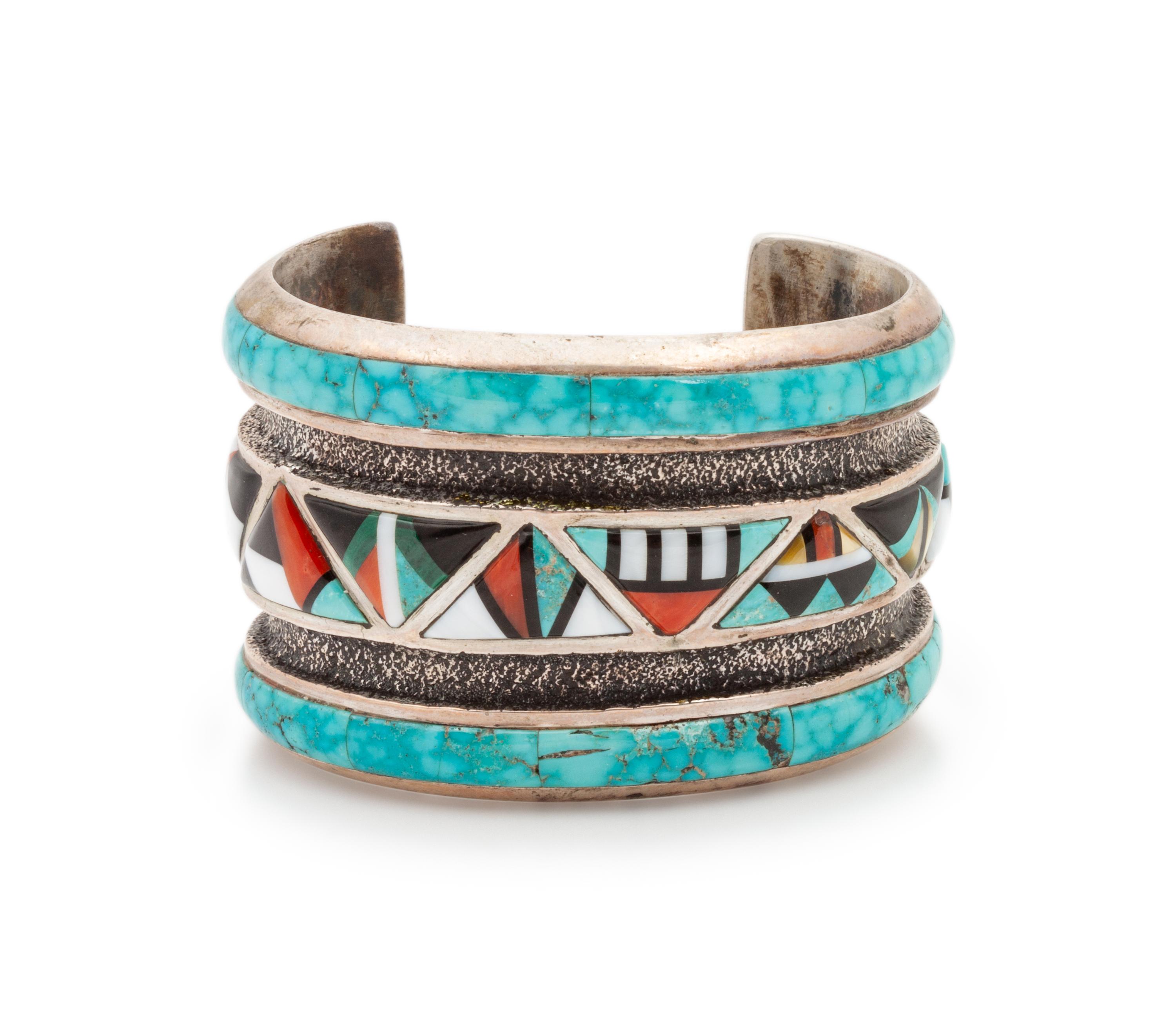 Tufa Cast Cuff Bracelet, with Mosaic Inlay